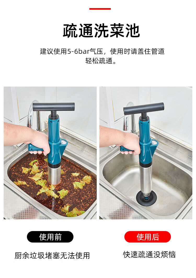 道厕所厨房疏通工具卫生间堵塞一炮通白色不锈钢机身安全防高疏通率