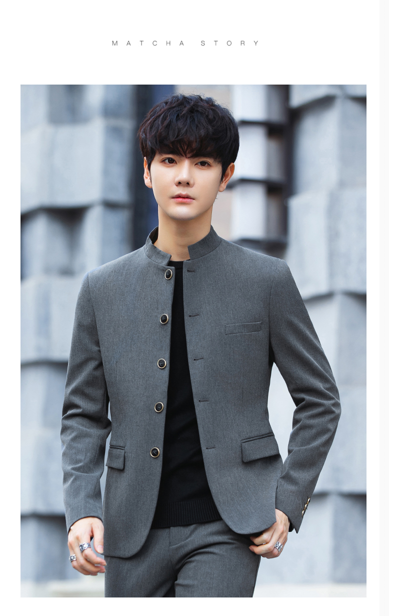 花花公子中山装男套装青年修身韩版潮流中华立领西服中国风休闲帅气小