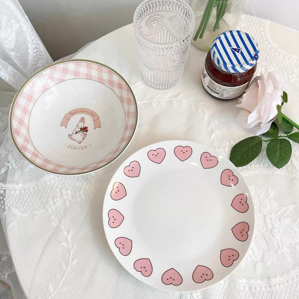 ins风复古兔子花朵郁金香早餐陶瓷盘子甜品盘西餐盘可爱少女网红淘样