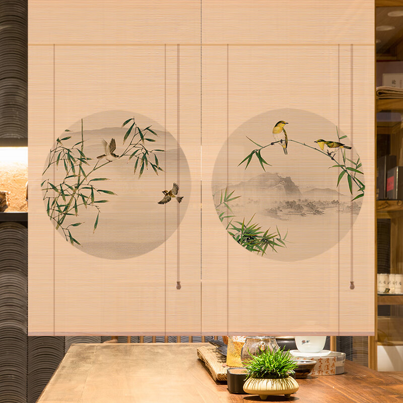 下拉式卷轴窗帘画印花竹帘卷帘门帘隔断复古禅意阳台遮光升降日式喷绘