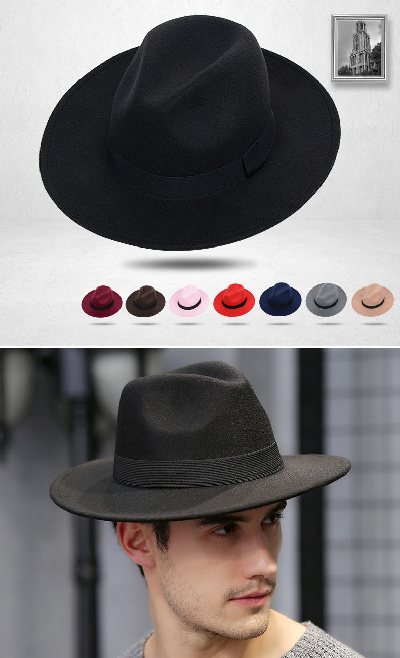 夏天上海滩大沿礼帽子男韩版潮潮黑色毛呢帽女新郎帽复古英伦帽藏青色
