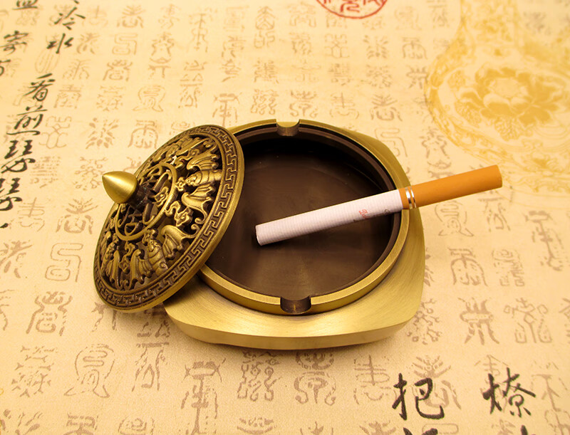 纯铜烟灰缸带盖 仿古纯铜烟灰缸中式复古黄铜带盖烟缸商务礼品家居