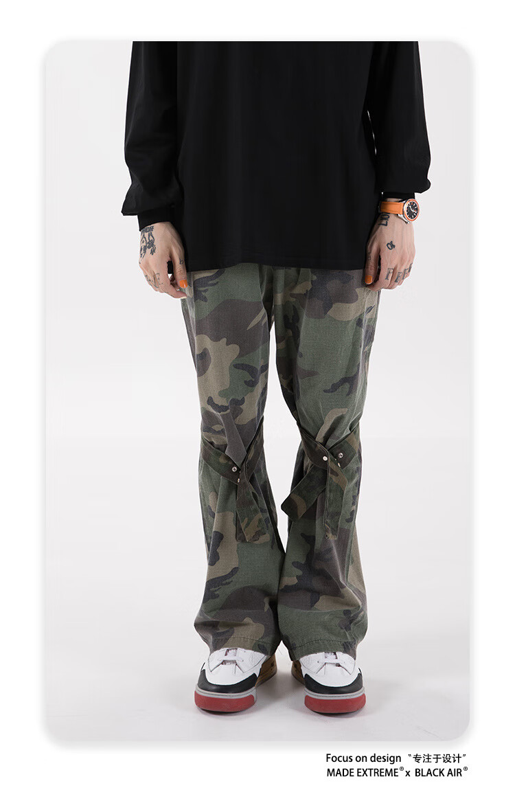 sanhe 国潮高街喇叭裤子男小众潮牌飘带vibe风宽松直筒做旧嘻哈休闲