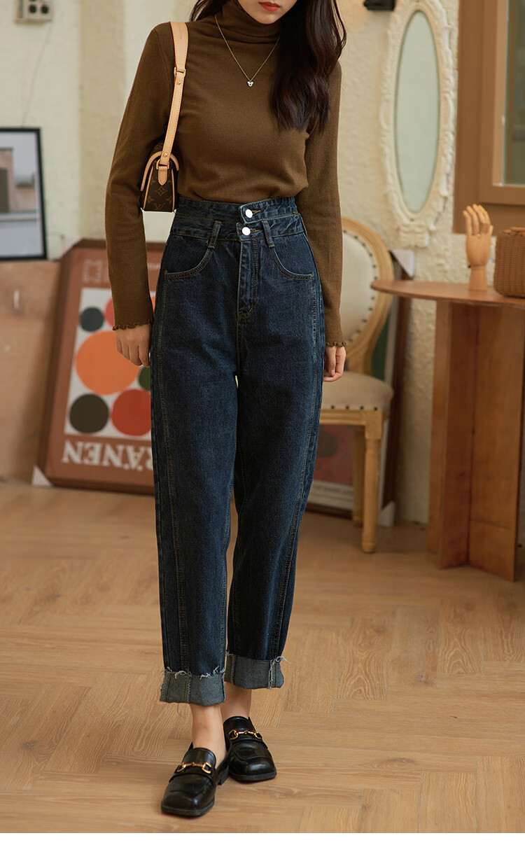 谜秀高腰牛仔裤女2020秋冬新款女新款垂感宽松哈伦裤九分阔腿裤子 深