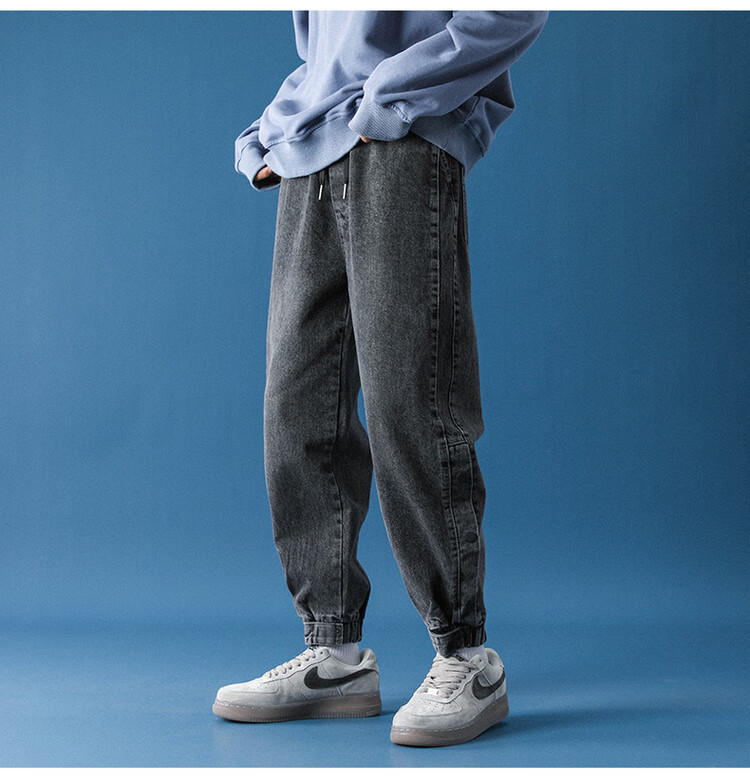 侧边排扣牛仔裤男士直筒宽松韩版潮流2021新款季嘻哈束脚学生休闲裤子