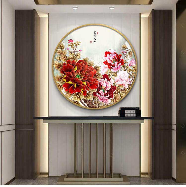 走廊尽头壁画隔断牡丹花壁灯08花开富贵图9090cm棕红色实木框晶瓷画面