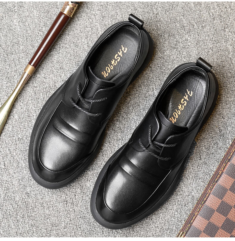 森马senma正装男鞋休闲皮鞋软底软皮圆头系带时尚商务皮鞋 黑色系带