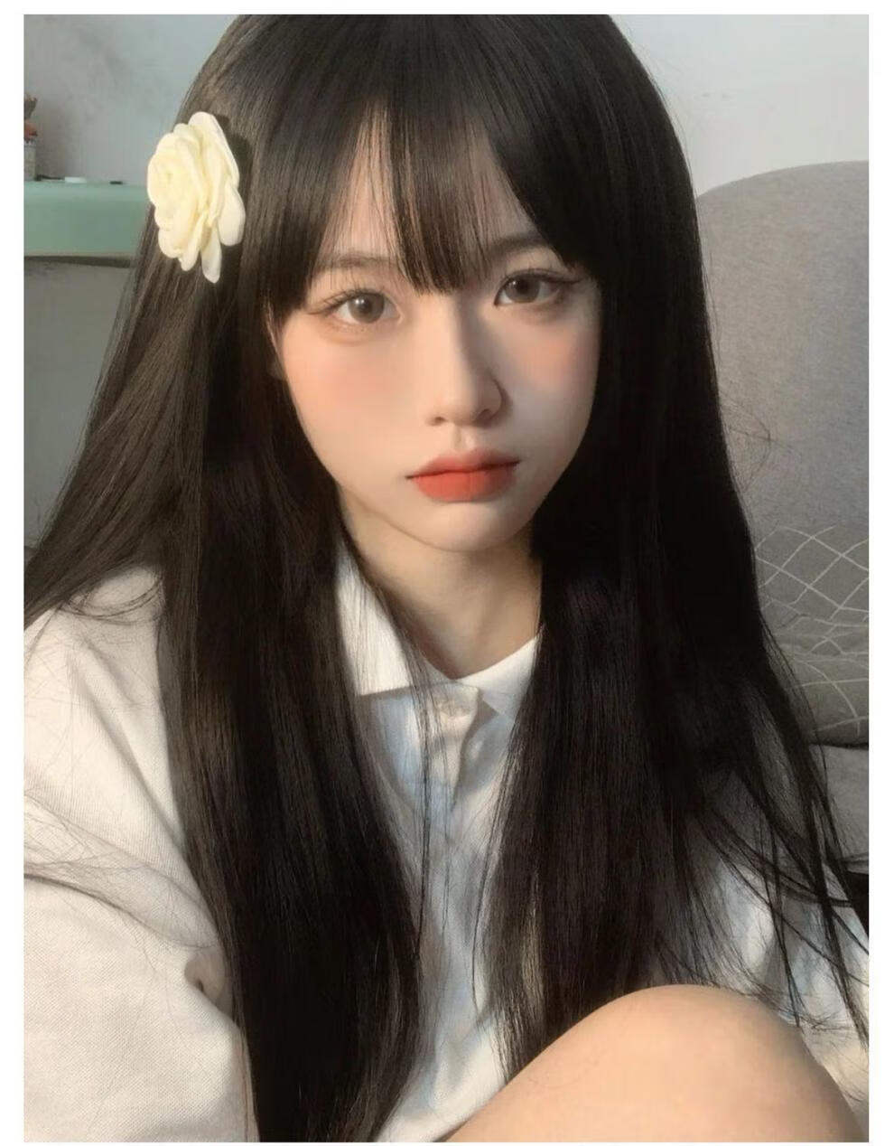 唐妮 假发女长发全头套式自然仿真长直发圆脸网红空气刘海黑色假发套