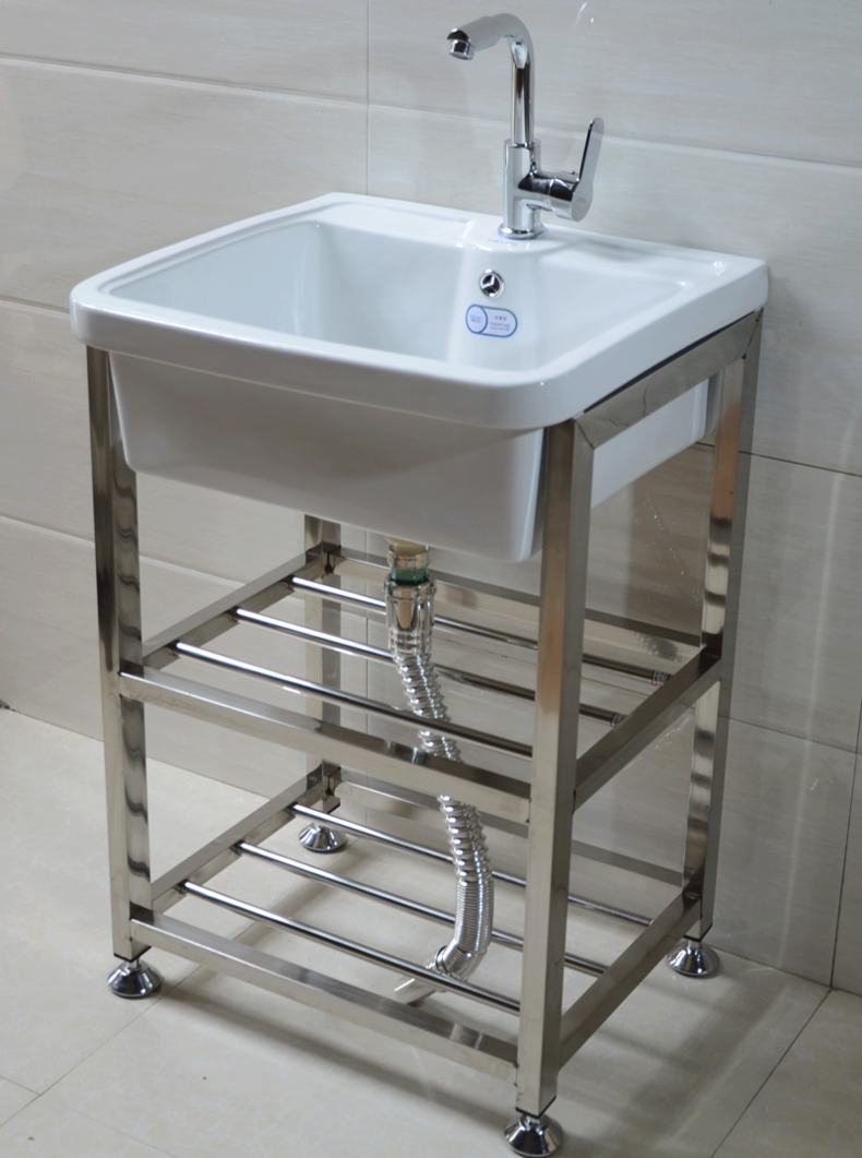 陶瓷洗衣水池盆不锈钢支架台盆洗手阳台洗衣槽水池脸盆 65cm单盆 钢架