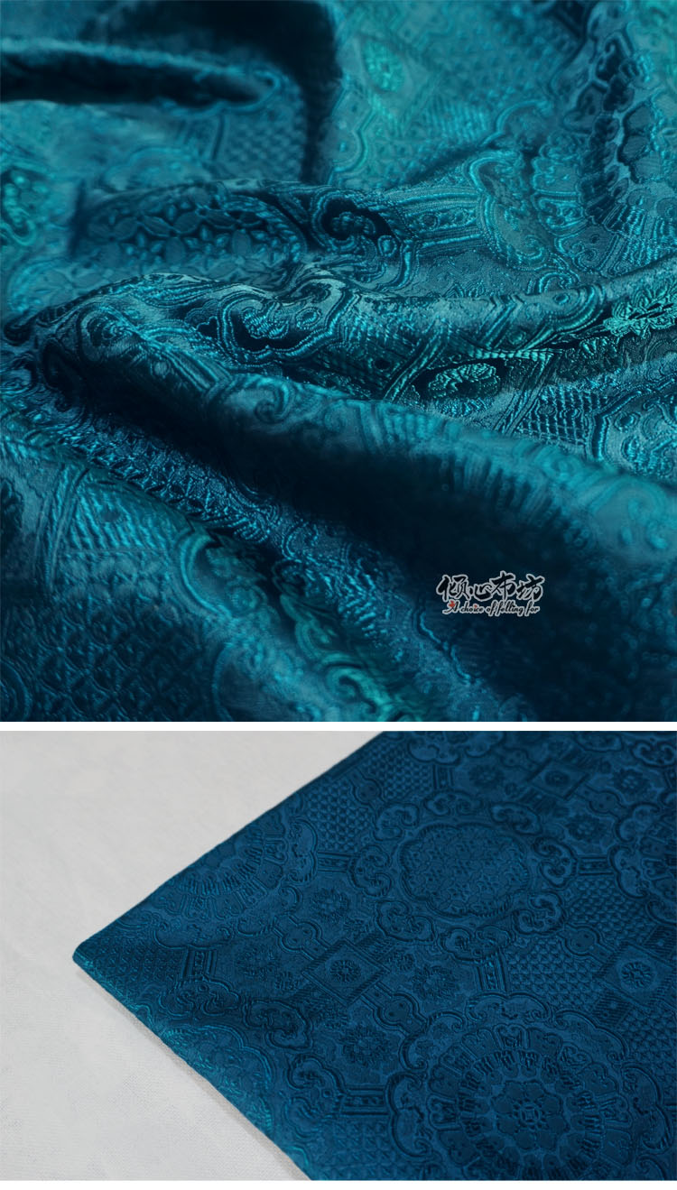 织锦缎花纹布料特孔雀蓝绿色底纹宝相花纹中式织锦缎布料云锦丝绸缎子