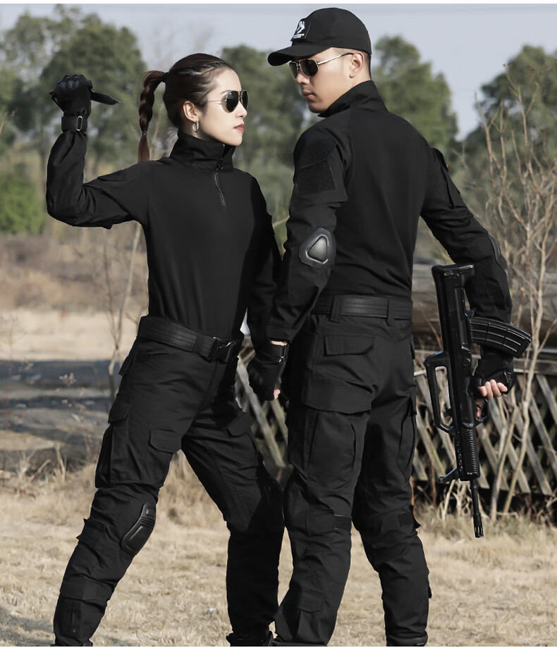 迷彩服套装男作训服套装夏战术作战服紧身青蛙服拓展训练服 黑色单