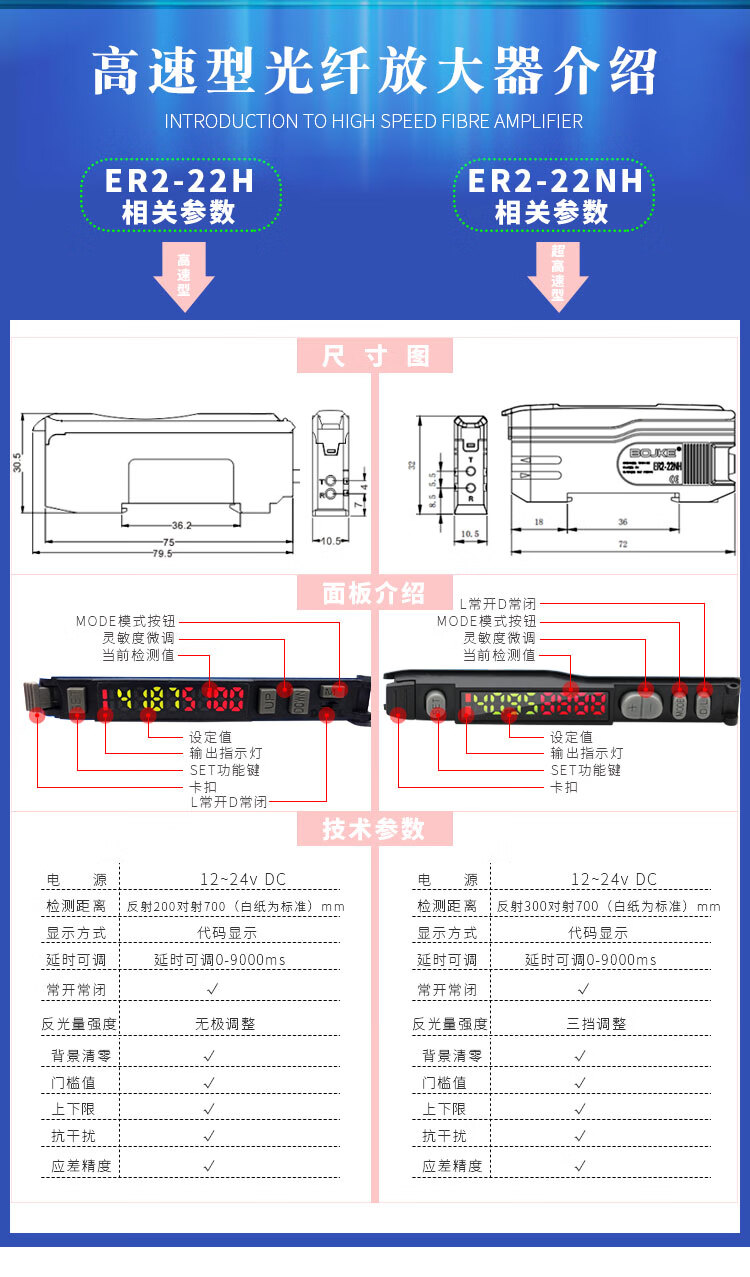 光纤传感器光纤放大器er222h22nhpfx501fsn18n高速双数显er222nhnpn