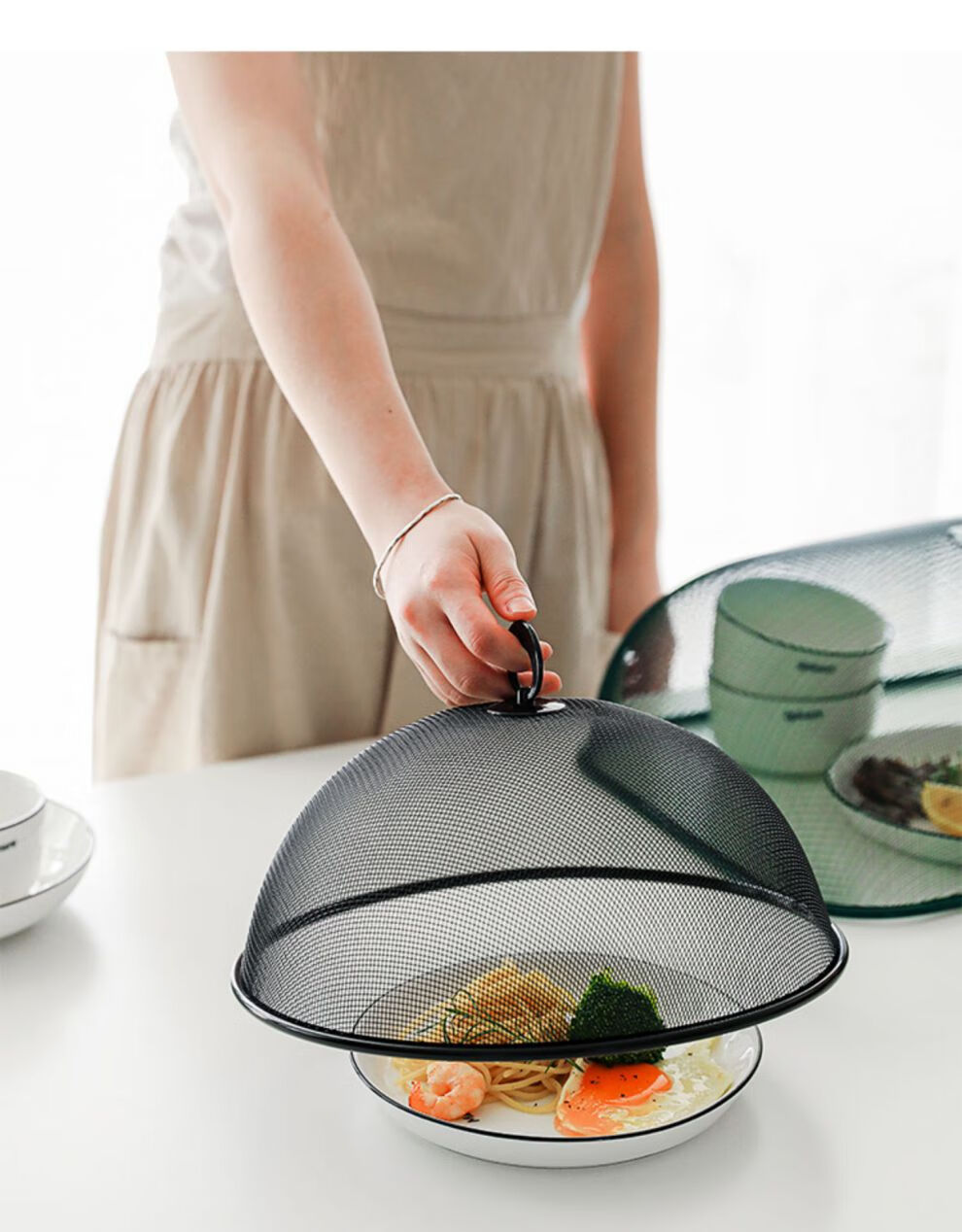 菜罩防苍蝇餐桌盖剩菜食物饭菜收纳长方形网罩伞罩 圆形中号白色