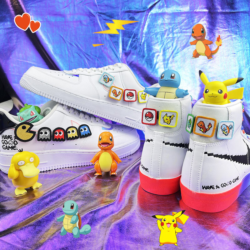 适配aj1af1空军一号blazer电玩像素夜光鞋带宝可梦魔术贴球鞋布贴配件