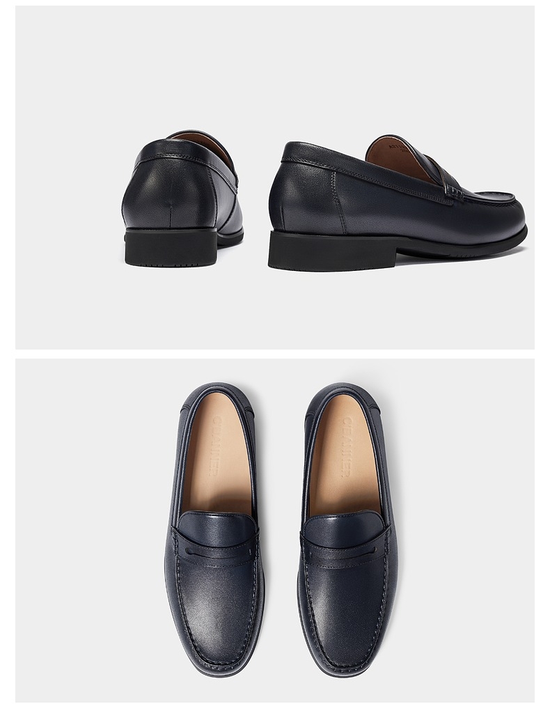 千百度男鞋2021春夏新款黑色大气一脚蹬透气牛皮鞋商务风男皮鞋 黑色