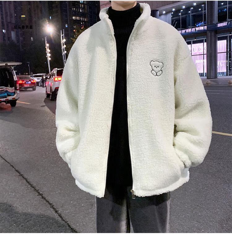 外套男装秋冬季加绒棉袄羊羔毛棉服男士冬装加厚保暖上衣服尼乐奇白色