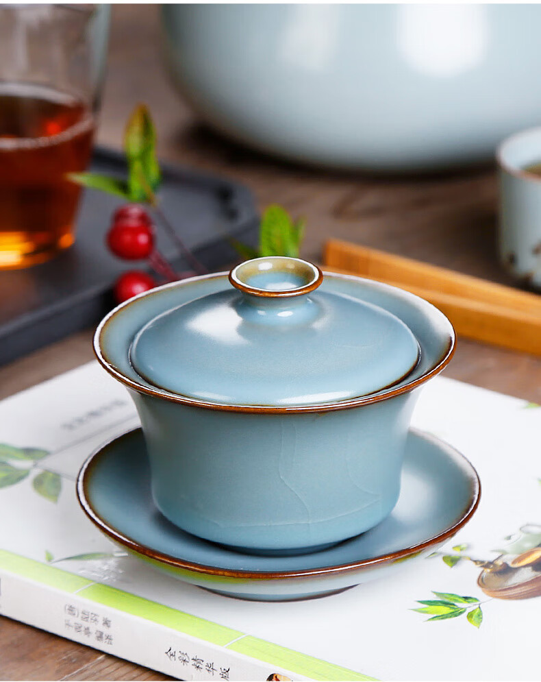 2021新品古代茶杯 汝窑三才杯盖碗古代茶杯大号单个复古纯手工开片冰