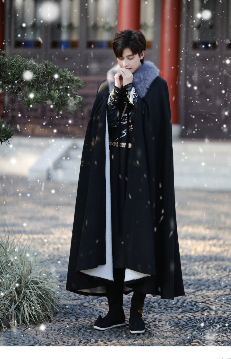 卡辑古装汉服男冬装仙气加绒加厚长斗篷披风外套侠客武侠风刺绣圆领袍