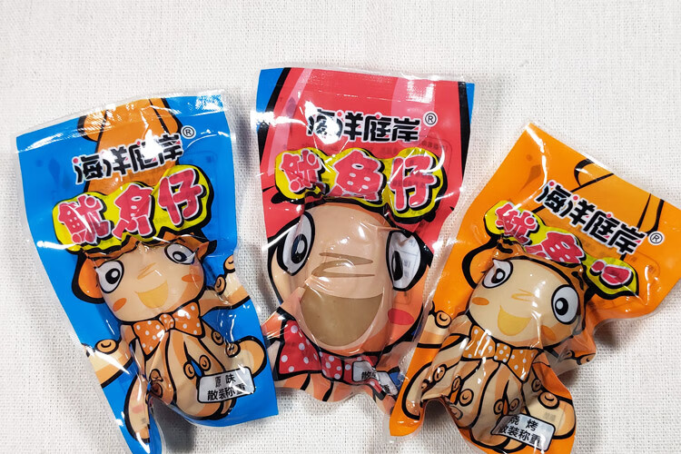 海洋庭岸鱿鱼仔景旭裕达原味香辣烧烤非带籽500g即食海鲜网红小吃 香