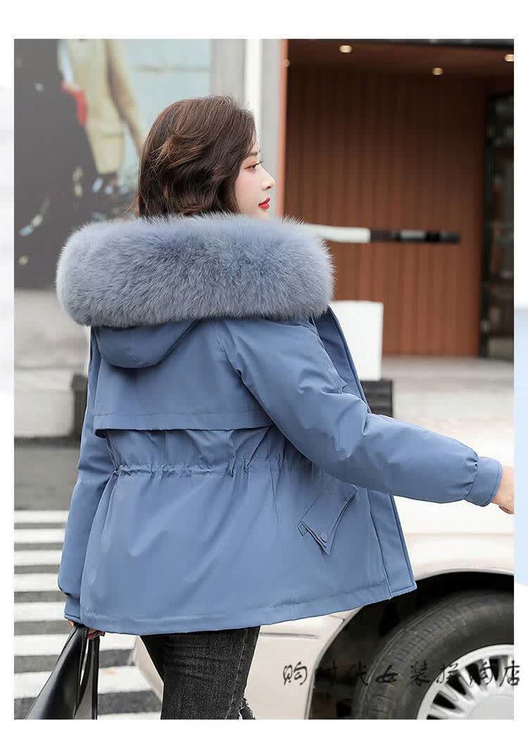 派克服女短款2021新款韩版休闲女式棉衣冬季加绒女装棉袄外套蓝色雾霾
