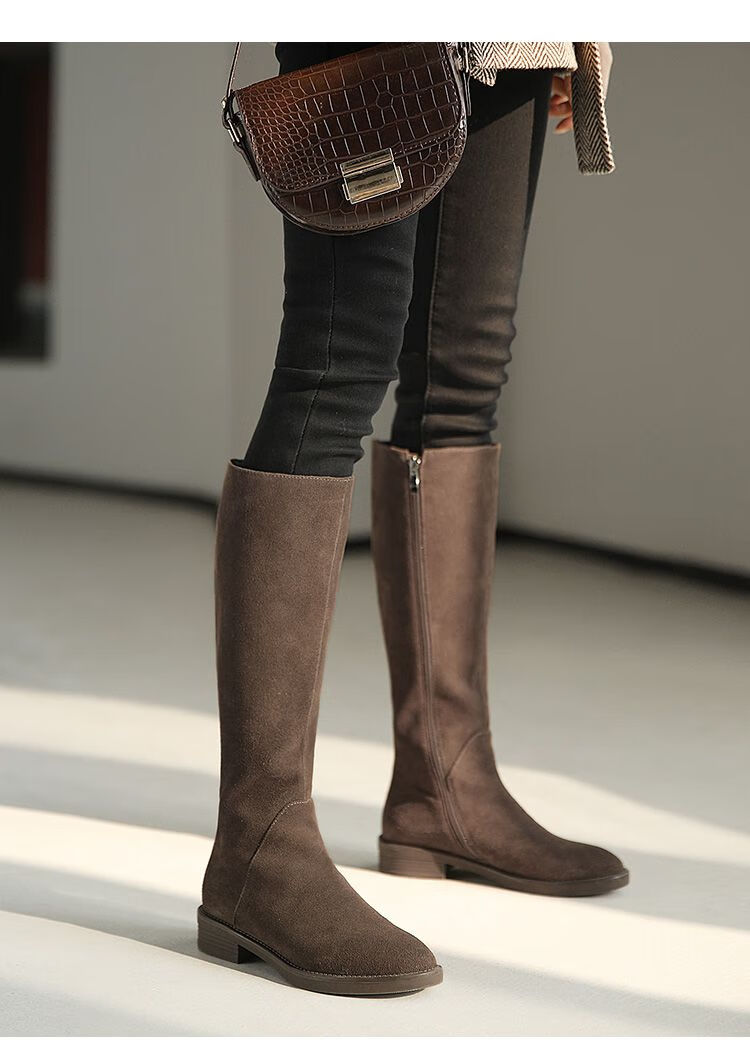 贺世哲真牛皮女长靴秋冬磨砂牛皮高筒女平底不过膝皮长筒靴子春秋黑色