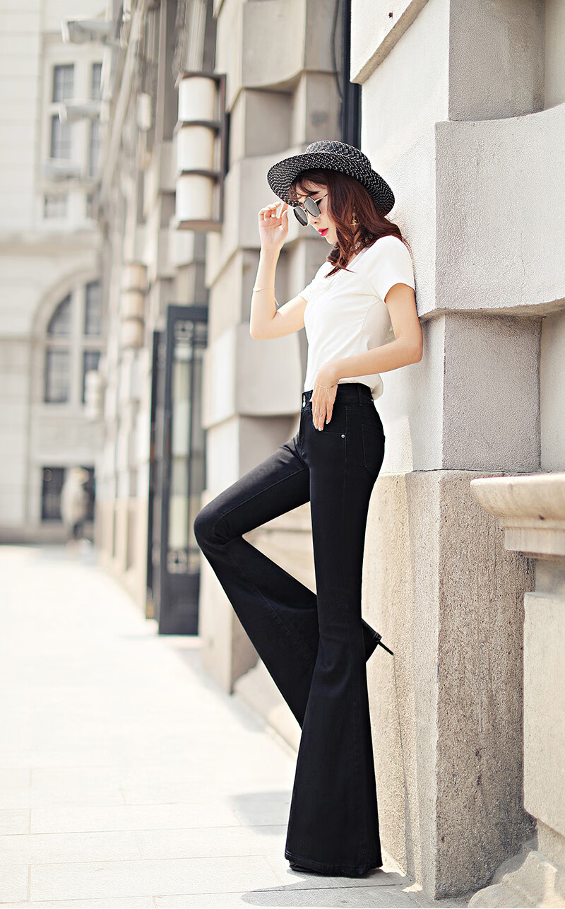 中高腰黑色大鱼尾大喇叭牛仔裤显瘦女神范长裤 黑色 24