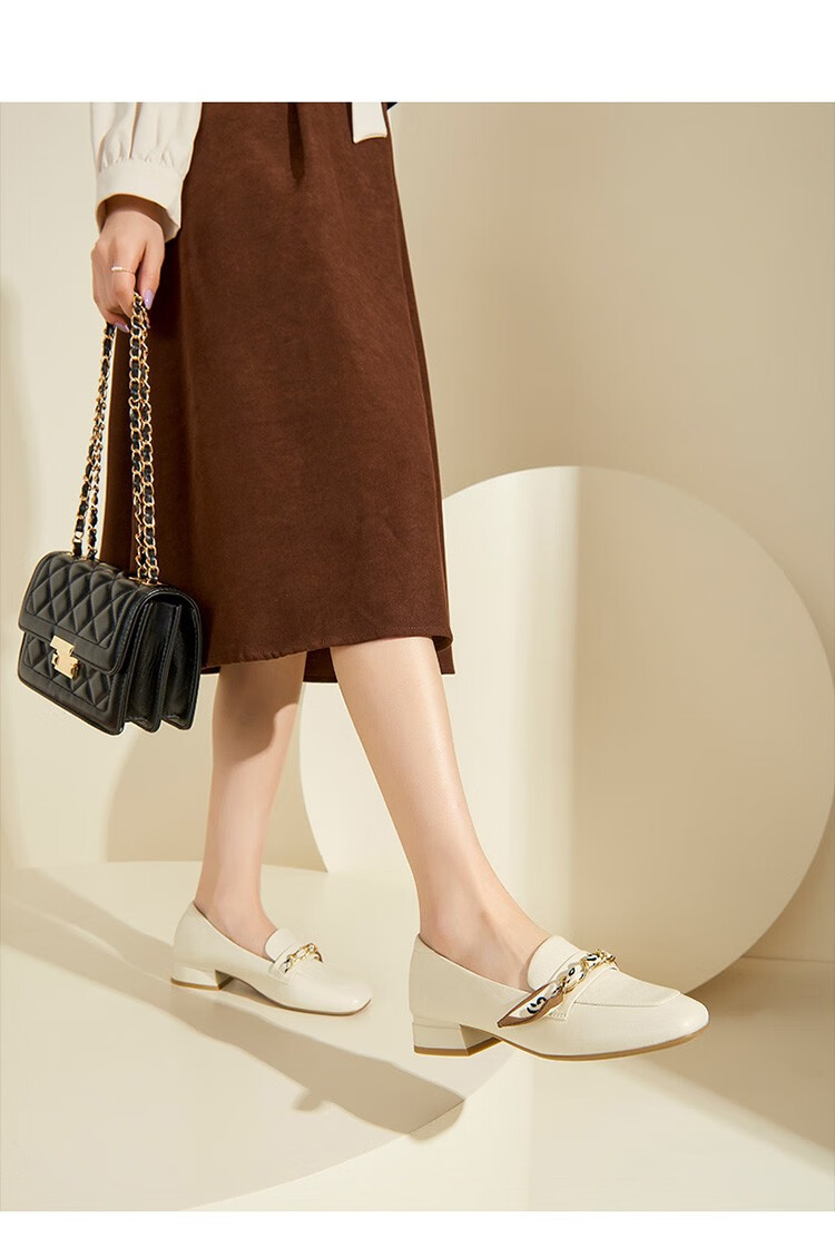 卓诗尼乐福鞋女2022春季新款英伦风时尚链条丝带粗跟单鞋百搭方头小