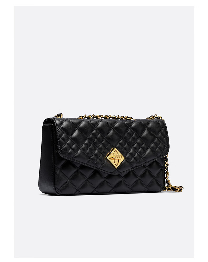 fion/菲安妮2021新款真皮女包 菱格链条小方包黑色轻奢斜挎包 黑