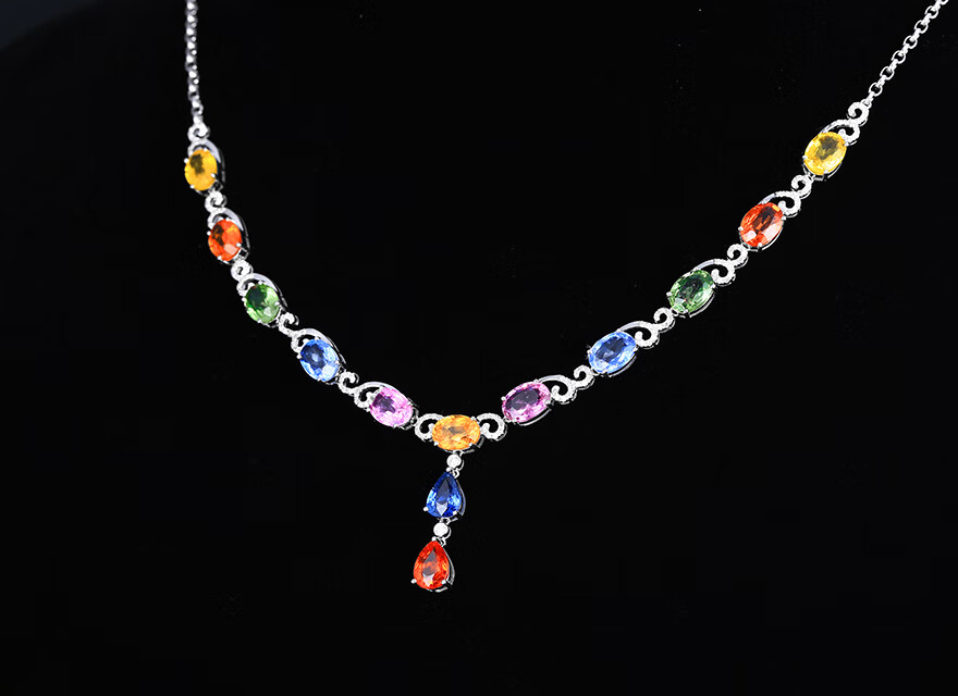 yl1287克拉彩色蓝宝石项链女款18镶嵌钻石套链彩宝定制