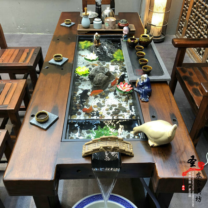 老船木流水茶桌茶台新中式茶几实木功夫茶道茶艺泡茶桌椅组合喝茶15米