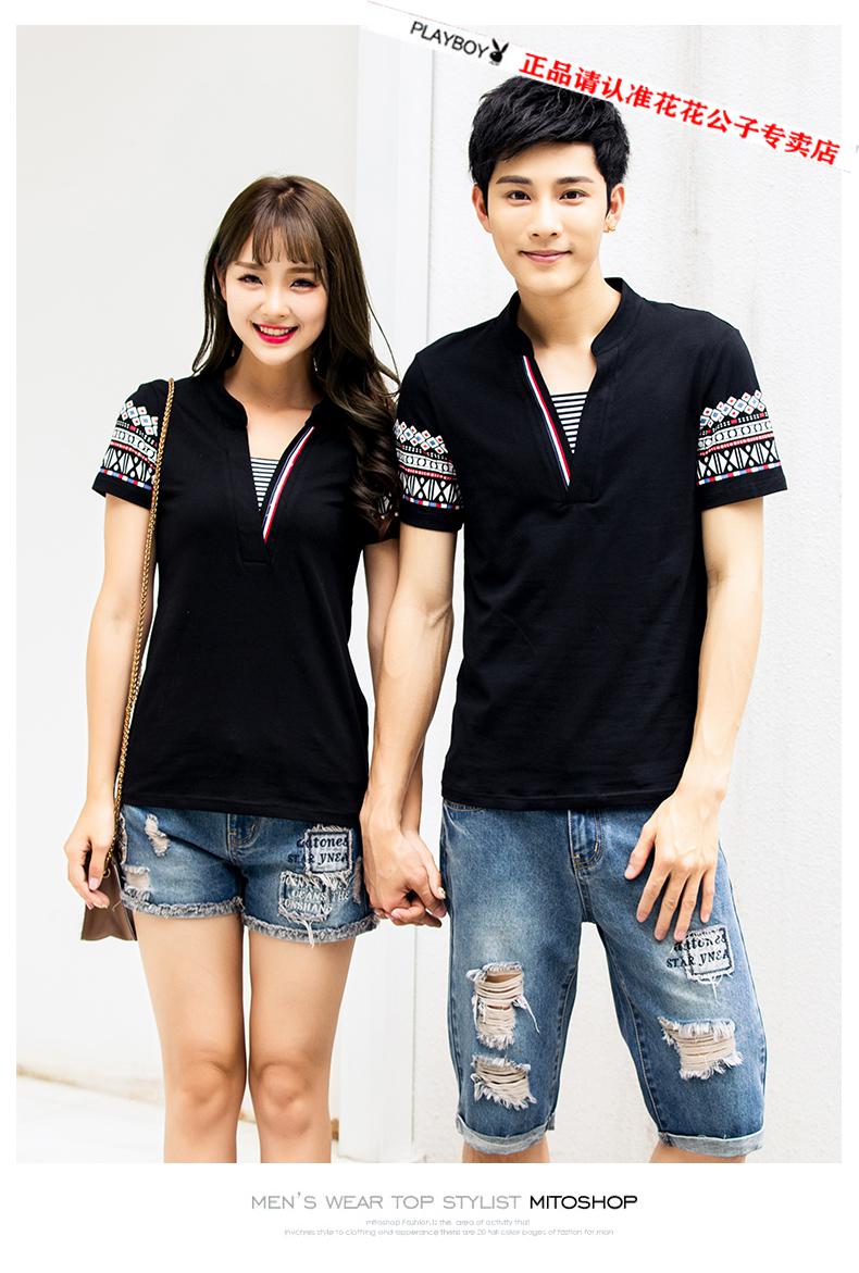 花花公子高端男装法式气质情侣短袖t恤v领女上衣2021新款夏装很仙的