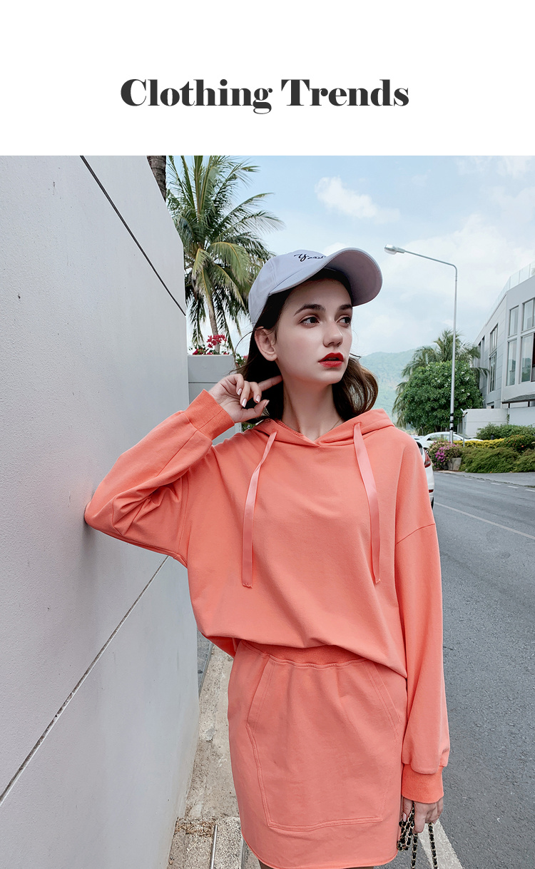 mg小象时尚套装女春季2020新款连帽套头休闲卫衣高腰半身两件套橘色