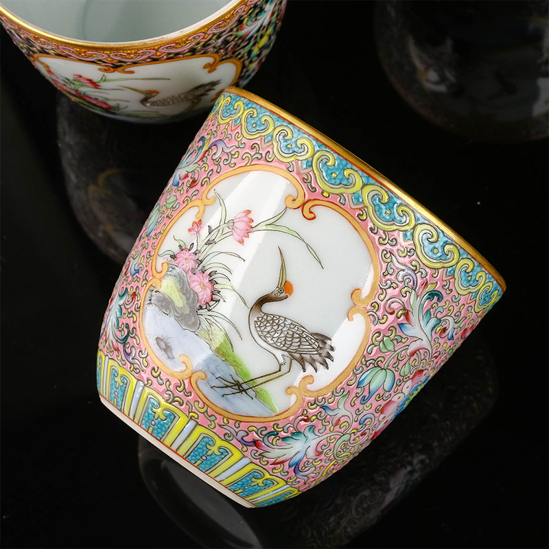 璞庐陶瓷珐琅彩开窗仙鹤单杯景德镇陶瓷茶具茶杯两面开窗品茗杯功夫茶
