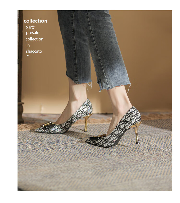 高跟鞋女2022年春季新款尖头酒杯跟水钻单鞋百搭黑色浅口女鞋灰色8cm