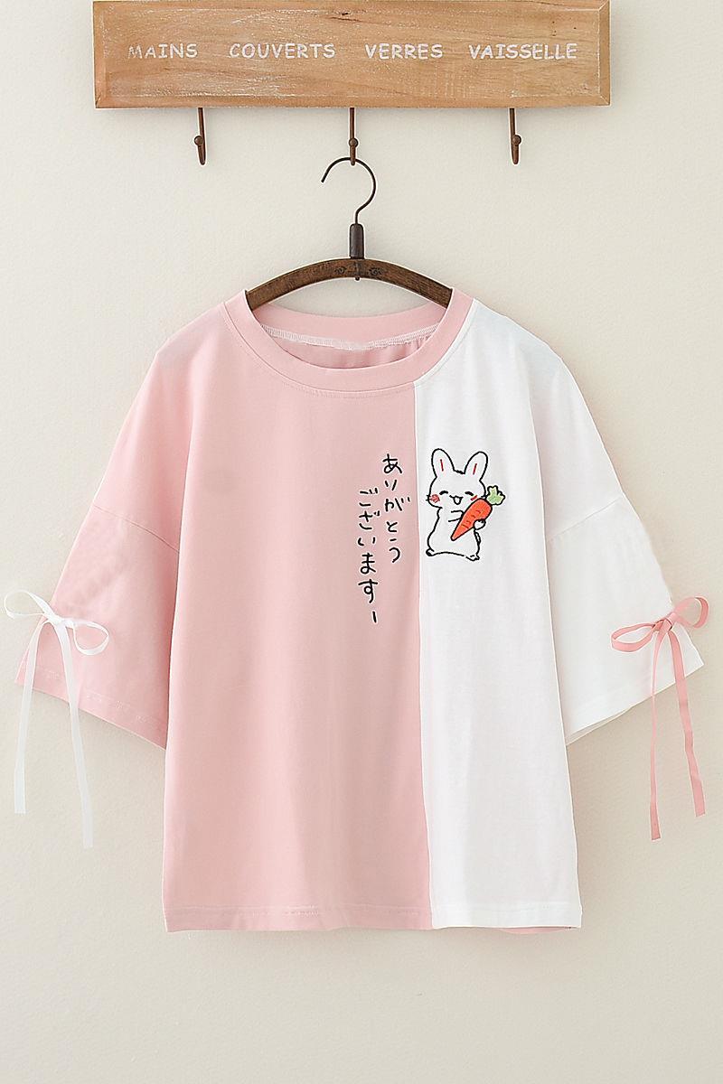 初中生中学生穿的中袖夏季女短袖t恤血衫宽松大童上衣服1 蓝色 m码