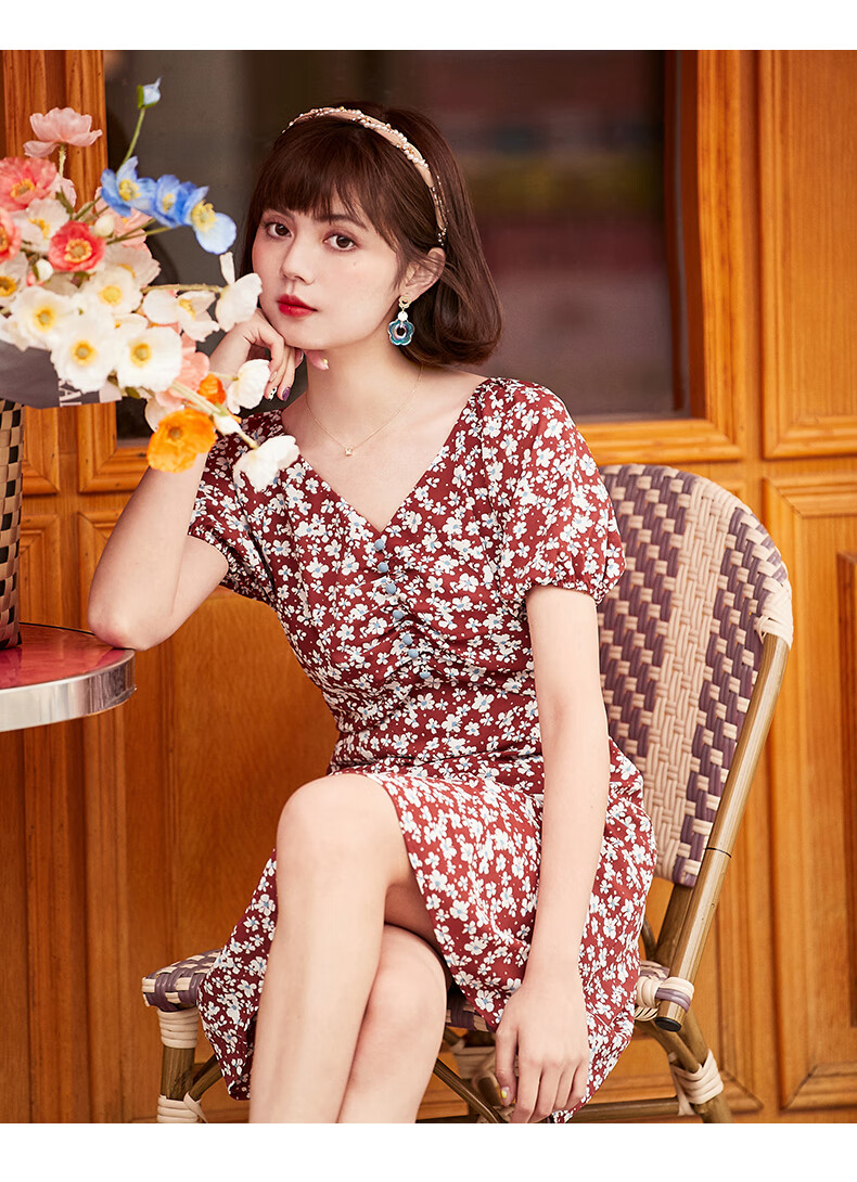oecev领碎花连衣裙2021夏装新款女装少女复古气质设计感显瘦裙子 枣红