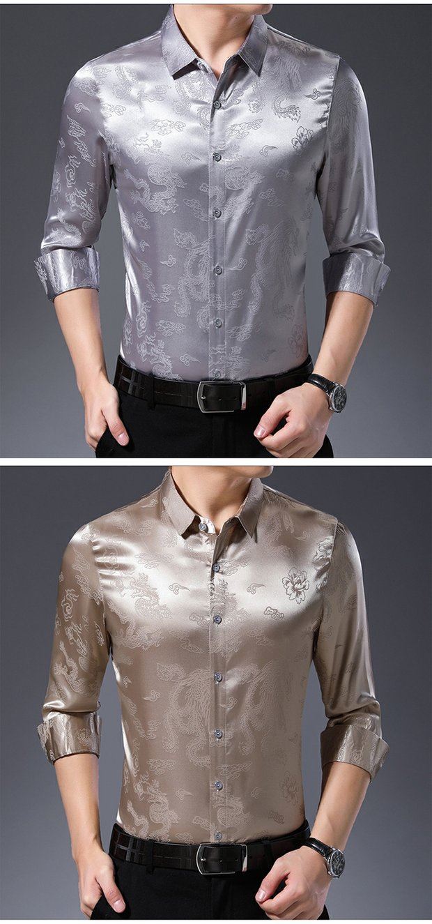 皮尔卡丹旗舰官方店男长袖衬衫真丝薄款印花丝绸上衣春秋中年男士花