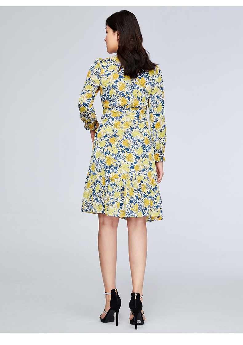 百斯盾女装连衣裙优雅气质2021春季新款休闲淑女长袖舒适女上装黄色m