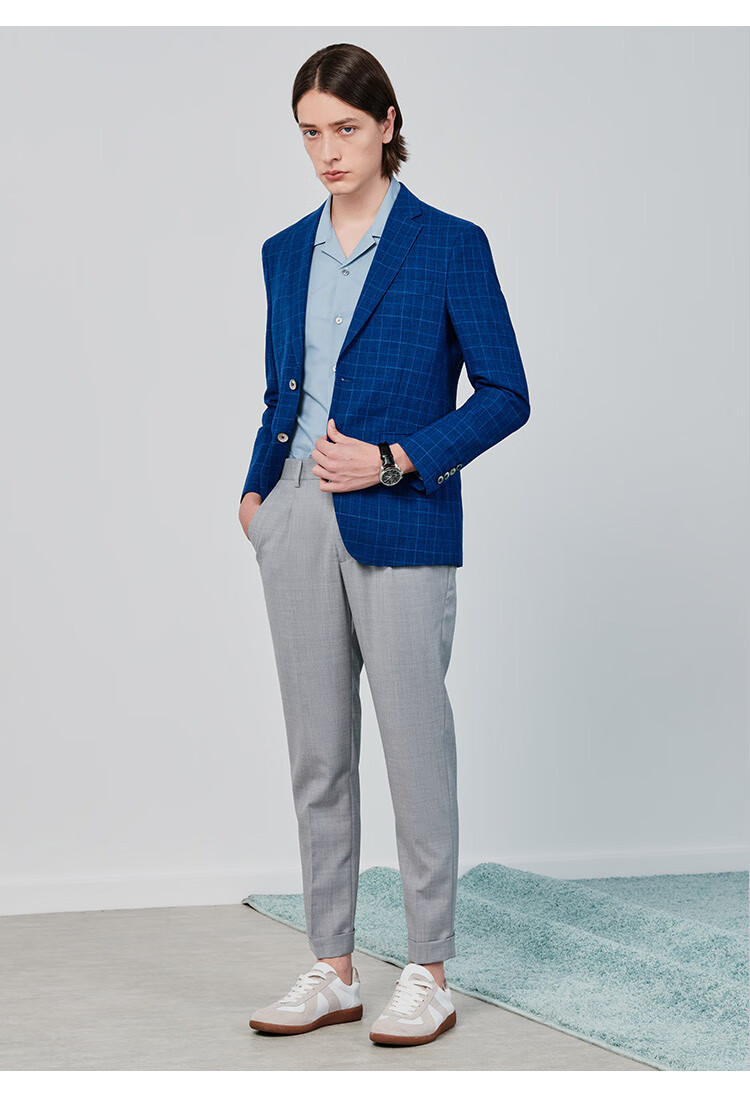 jodoll乔顿西服男修身韩版休闲男士格子格纹羊毛小西装外套 蓝色 54a