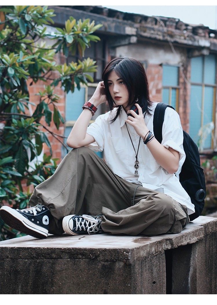 你初恋老王日系复古抽绳束脚阔腿工装裤阿美咔叽男女宽松长裤ins军