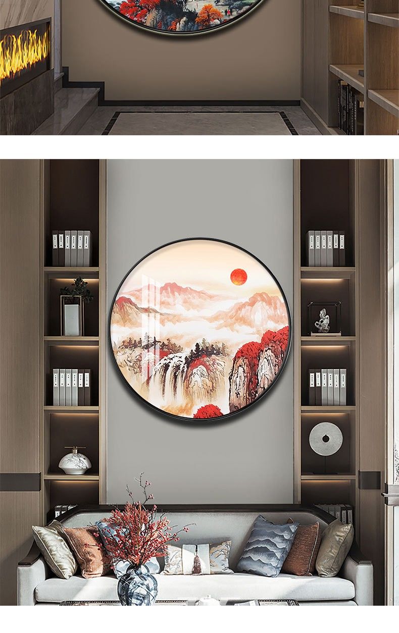米囹鸿运当头中式圆形晶瓷画客厅玄关装饰画山水靠山壁画过道走廊挂画