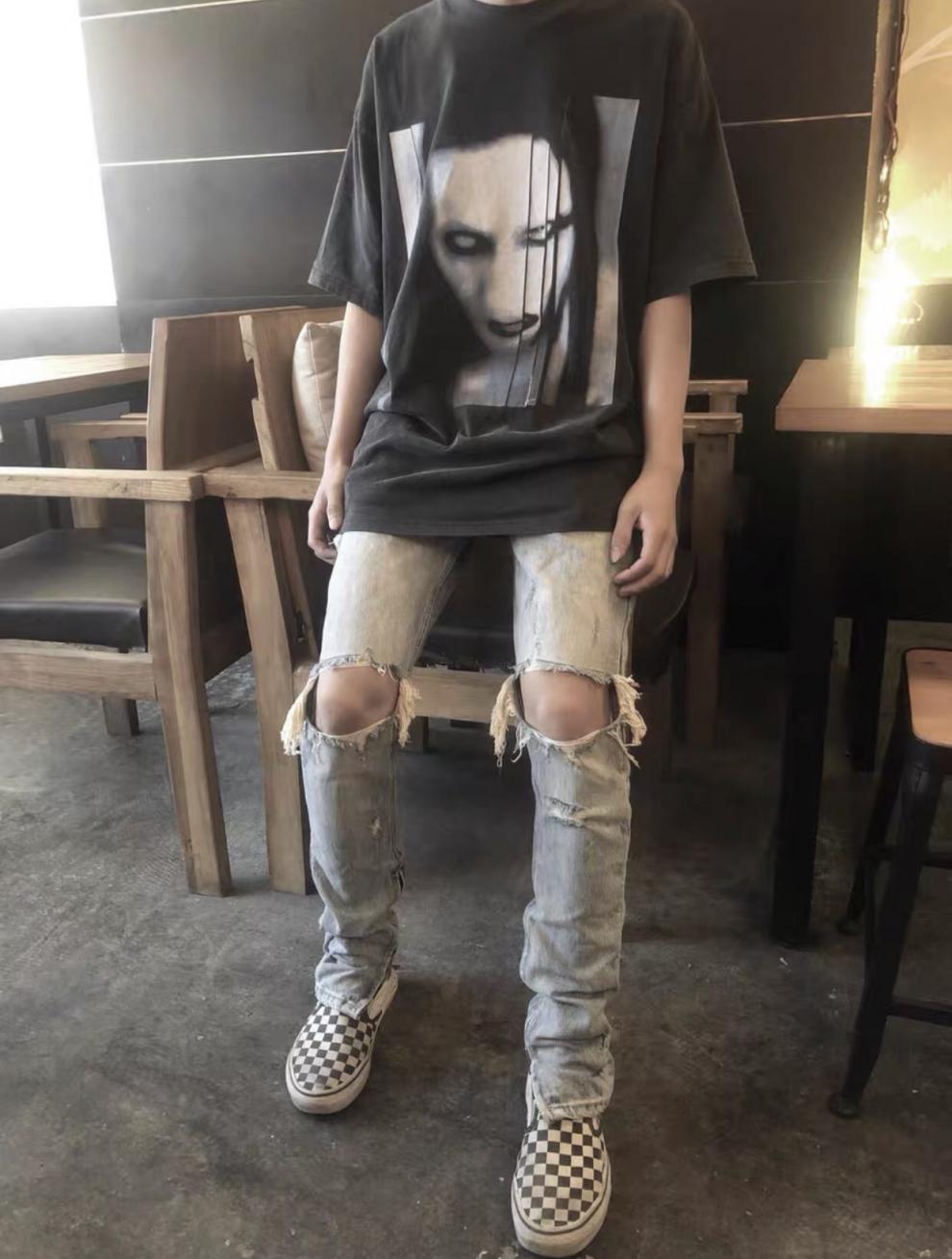 北方虎玛丽莲曼森短袖vintage高街水洗做旧鬼脸宽松t恤潮 水洗黑 xl