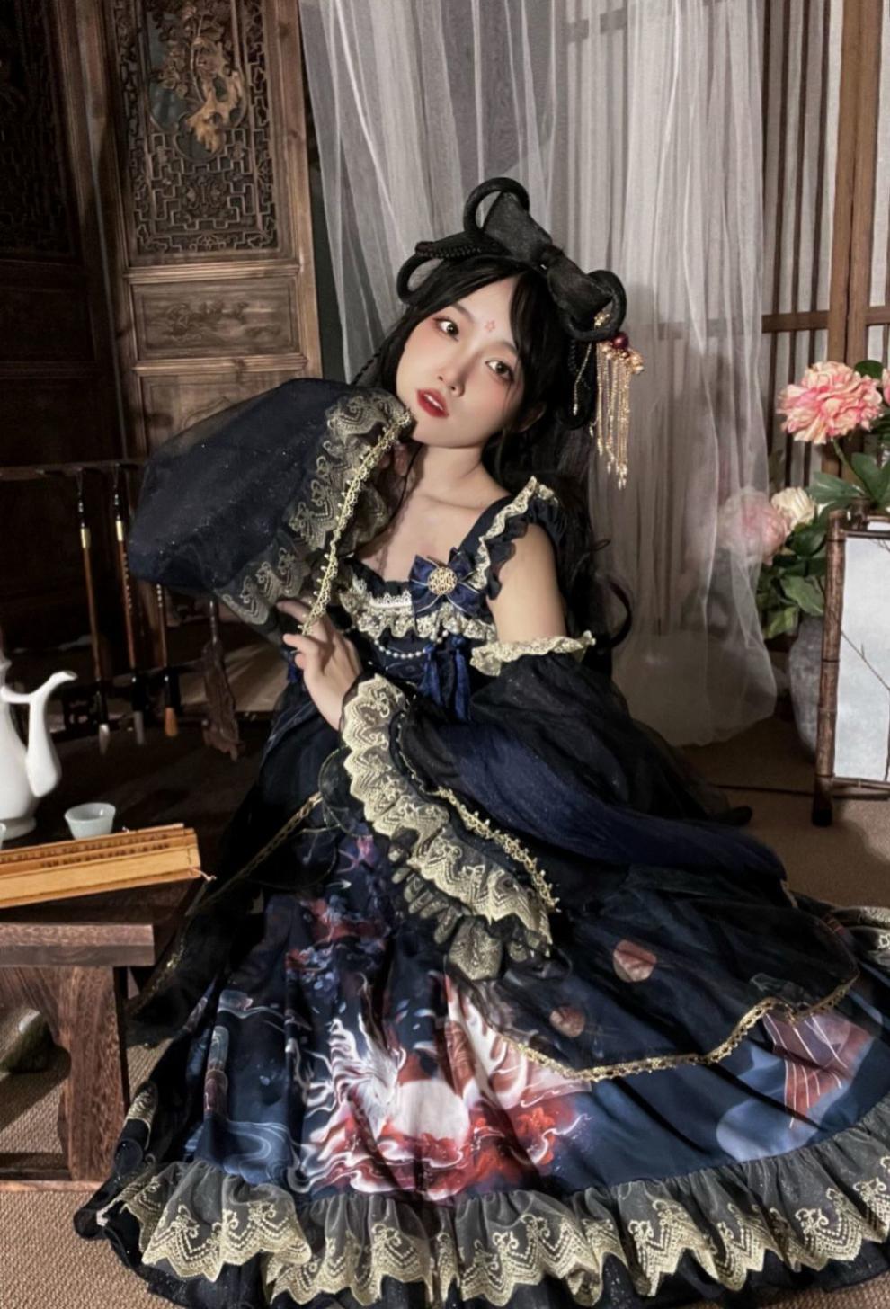 趣得洛丽塔中华风【九尾灵狐】设计lolita新年红中华风吊带jsk连衣裙