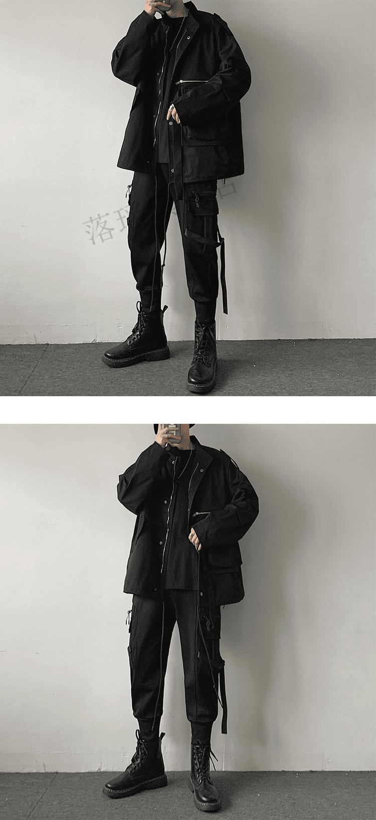 抖音同款套装小红书潮男穿搭秋季暗黑系工装痞帅外套男潮流翻领夹克衫
