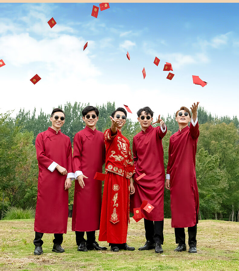 中式婚礼伴郎服伴娘服唐装马褂结婚伴郎兄弟团礼服男相声大褂服装定制