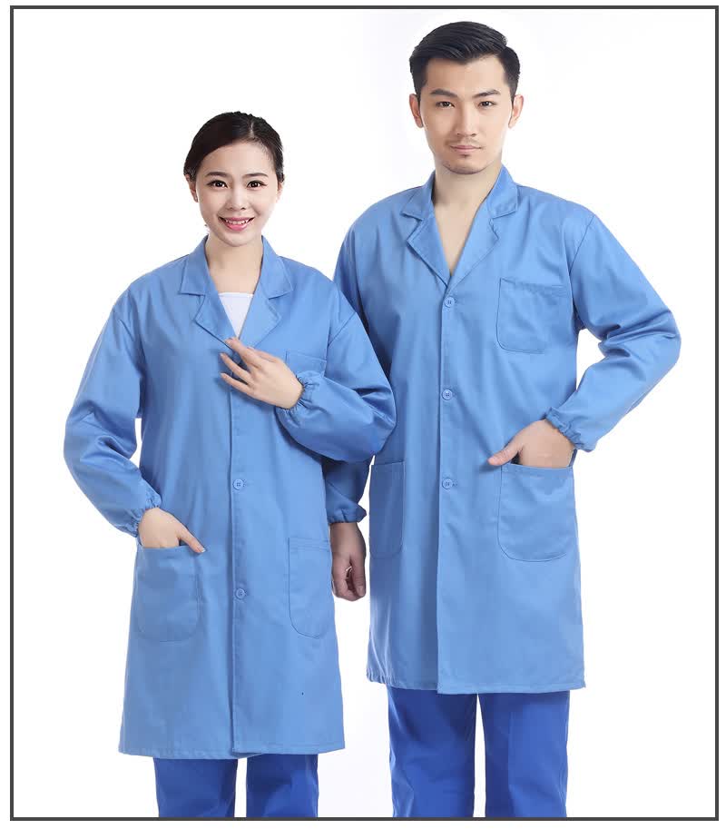 食品工作服套装蓝大褂纽扣款实验服店长袖款车间工作服劳保服 蓝色 s