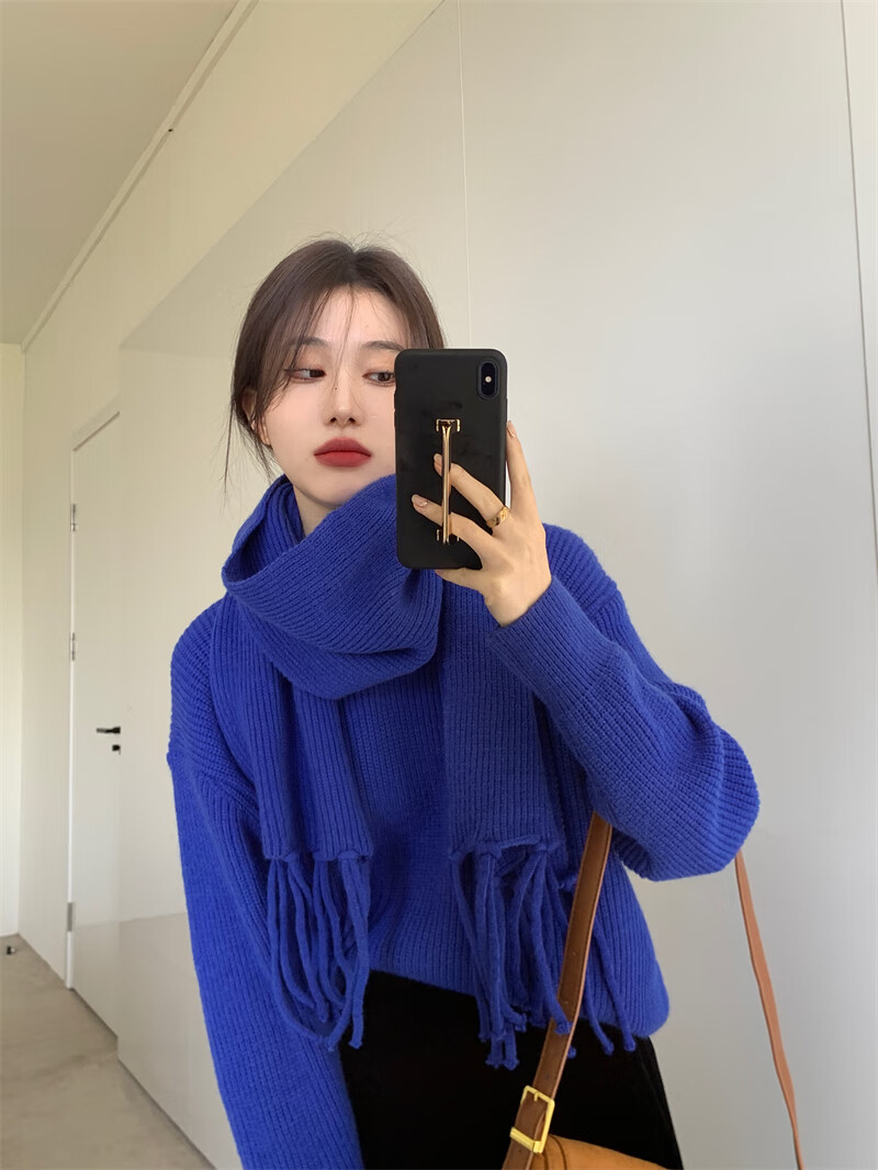 蓝套装冬季保暖v领毛衣女宽松外穿套头长袖针织上衣配围巾卡其色均码