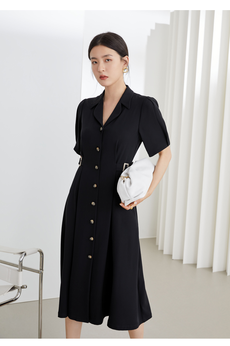 范思蓝恩夏新款法式复古西装连衣裙女气质收腰长裙211485气质黑s