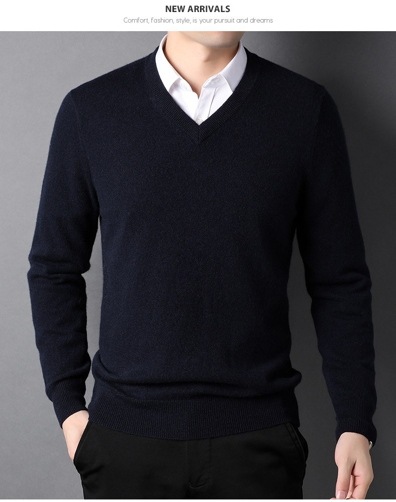 恒源祥高端羊绒衫男纯山羊绒v领纯色基础内搭毛衣打底针织衫15213676