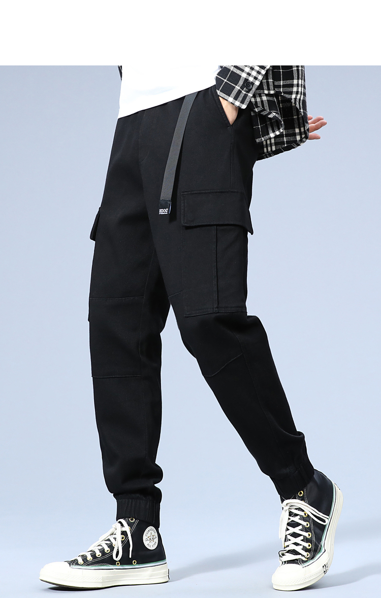 男装束脚工装裤男秋季新款2021男士休闲裤机能韩版潮流宽松长裤 黑色